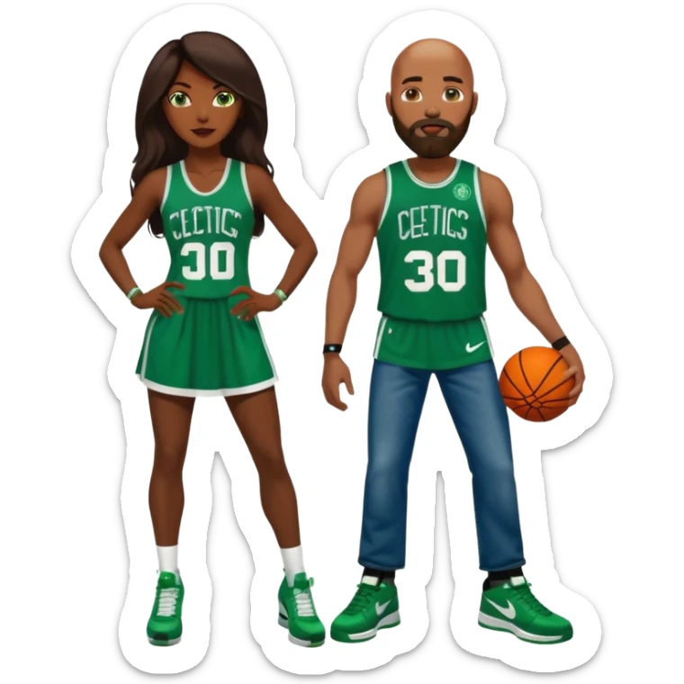 48-year-old dark skin black woman with brown eyes, long dark brown hair dressed in sexy 
celtics jersey dress outfit, wearing stilettos. A White bald man with orange beard facial hair. He has blue eyes, is wearing a Jason Tatum Boston Celtics Jersey, jeans & green Nike sneakers  sticker