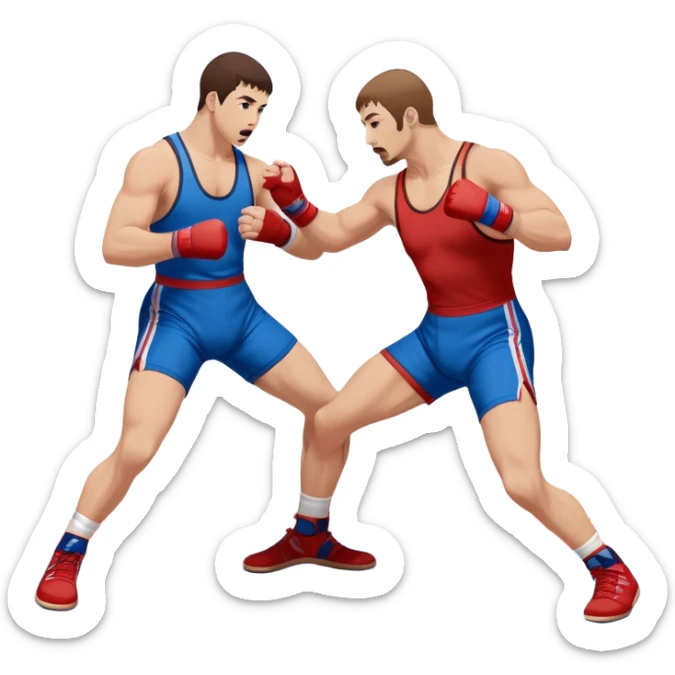 Two Sambo fighters in blue and red gis with shorts and wrestling shoes, executing gripping and throwing techniques. The fighters are engaged in a dynamic, action-packed moment with no strikes. The background features a wrestling mat, focusing on the technique and control. Transparent background  sticker