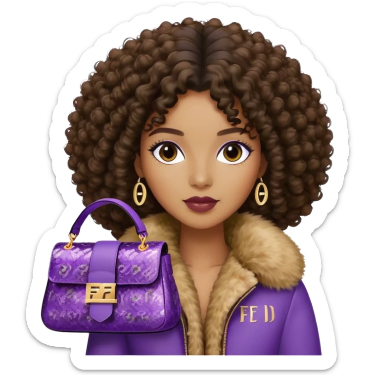 Beautiful black woman with curly hair. She is wearing a brown monogram Fendi jacket with a fur trim. She is carrying a Fendi Baguette
Purple sequined bag. I want the image close up. The jacket is not purple.  sticker