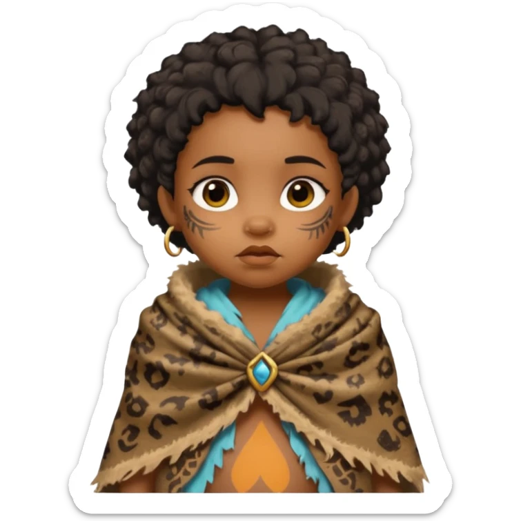 ancient hairy black baby tatooed girl, tattered animal skin shawl sticker