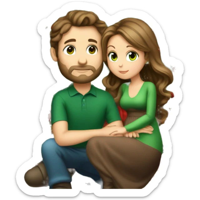 A guy sitting on top of a Christmas tree, kissing the most beautiful lady in the planet and she has brown hair and green eyes and is wearing a very pretty Christmas dress and she is pregnant sticker