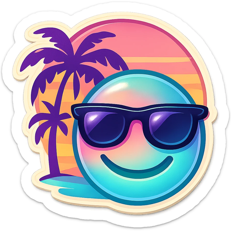 emoji inspired by Miami Vice, pastel colors, palm trees, 1980s retro style, cool stylish vibe sticker