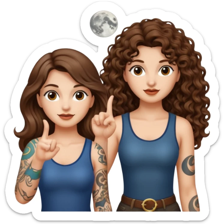 moon symbol discovery — long wavy brown hair tattooed woman and short tight curly brown hair woman — pointing up sticker
