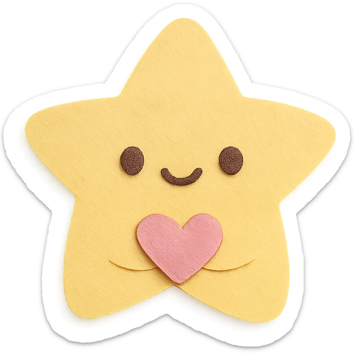 Adorable pastel yellow star holding a tiny pastel heart, no arms or legs, full body, transparent background, kawaii paper craft style. sticker