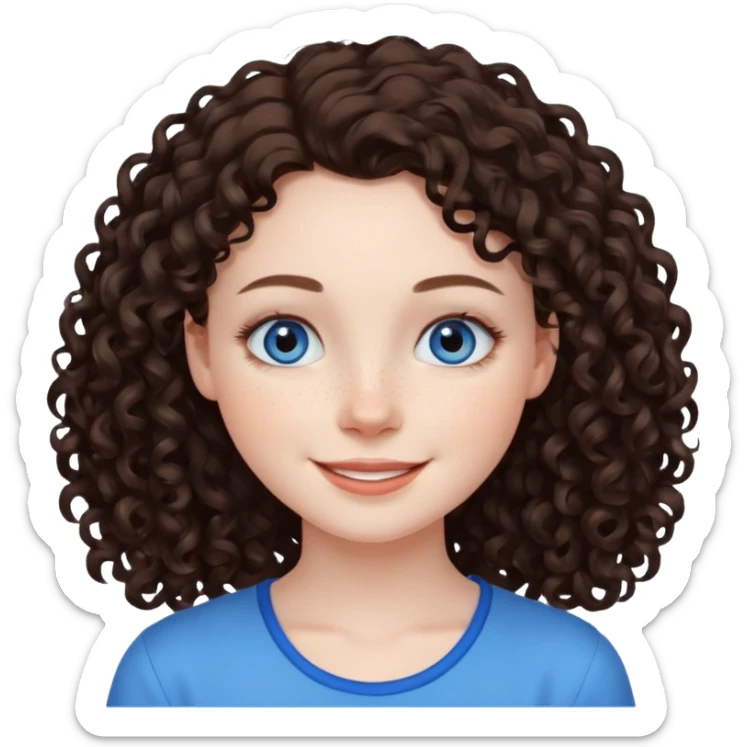 girl with dark brown curly hair, pale skin, blue eyes, some freckles, smiling sticker