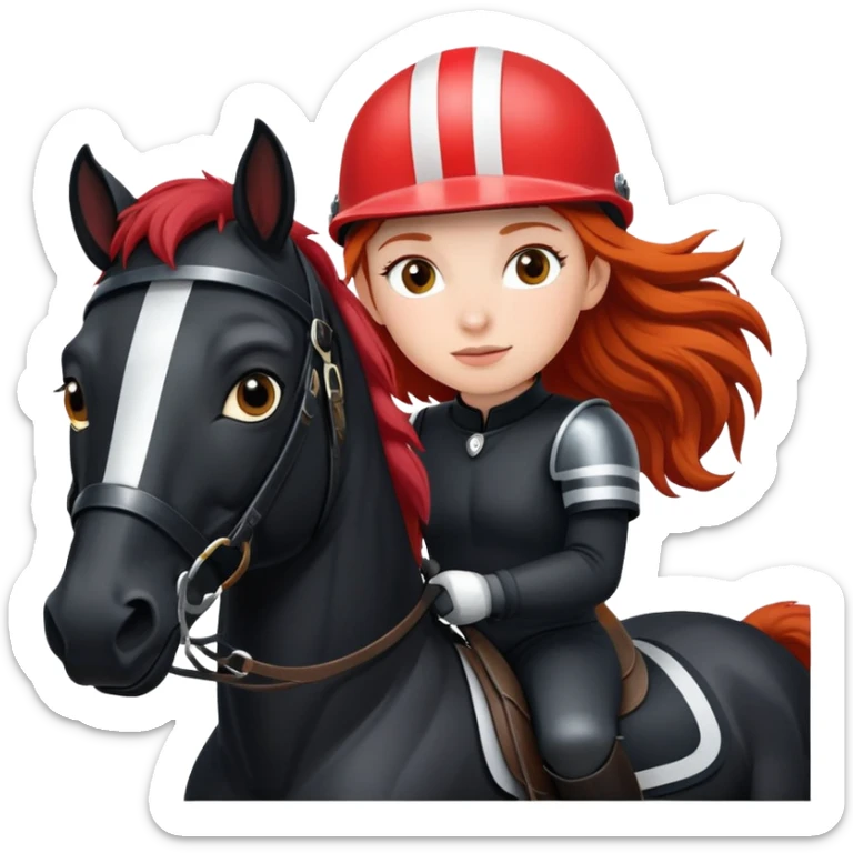 A red-haired girl with a helmet is a rider with a black horse with a white stripe on her face sticker