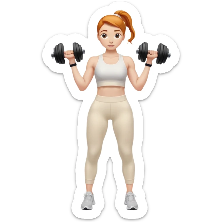 Ginger gym girl low bun hairstyle standing sideways with dumbbells and cream athleisure pants clothes sticker