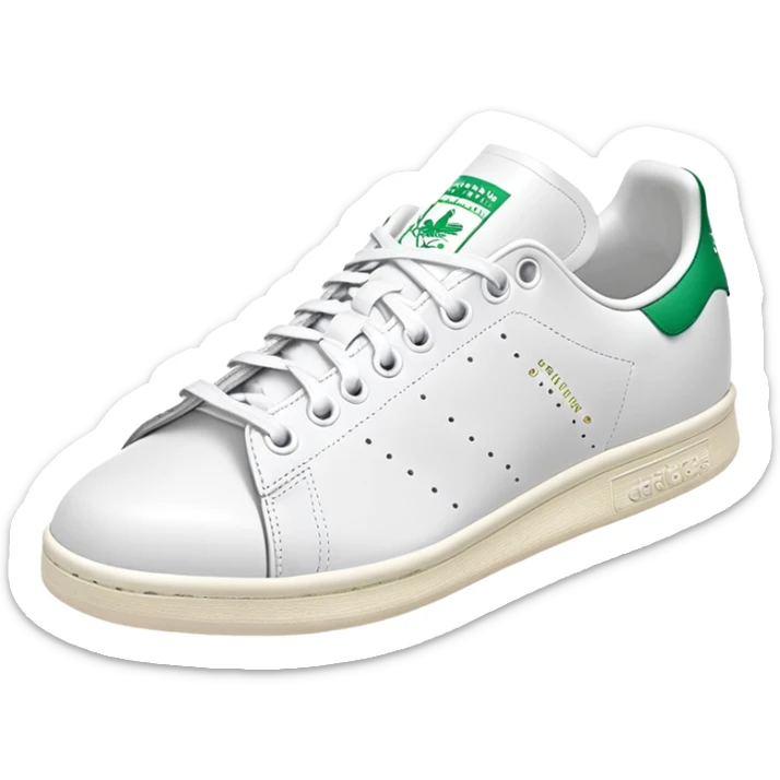 Classic white Adidas Stan Smith sneakers with green heel tab and Adidas logo, three perforated stripes on sides sticker