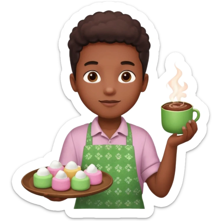 A young black vendor boy with pink cheeks, holding a tray of marshmallow-topped cocoa wearign green patterned apron sticker