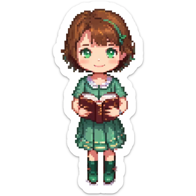 pixel art cute girl with chibi proportions, short brown hair, sparkling eyes, green dress, holding book, standing smiling, facing forward, bright colors, soft shading sticker