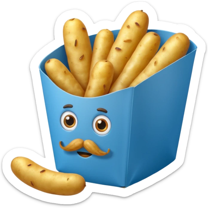 long slim fried potatoes in a blue carton, carton has eyes and mustache sticker