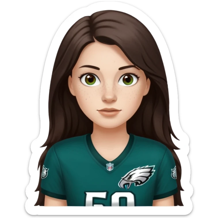 White girl with long darkish brown hair and freckles wearring a Philadelphia eagles jersey sticker