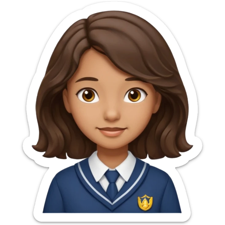 Quiero a una persona morena no tan morena , que sea una adolescente , que lleve uniforme escolar , con un pelo ondulado pero que sea negro castaño,pero no regido , pero que tenga una sonrisa suave, pero que este con un fondo blanco. Pero no tan ondulado tirando para liso y un poco largo sticker