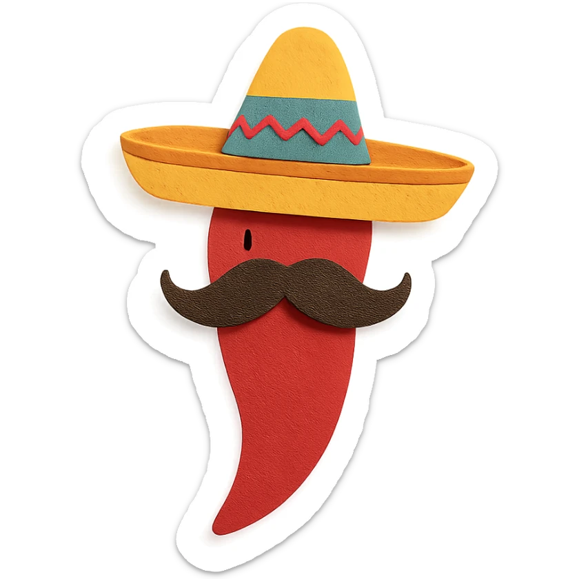 paper craft style red chile pepper with a sombrero and a Mexican moustache sticker