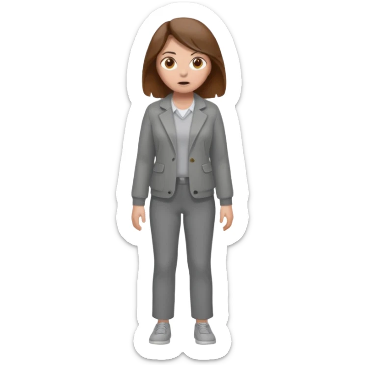 Chica grande  asustada de cuerpo completo con pelo castaño pantalones grises y saco gris  sticker