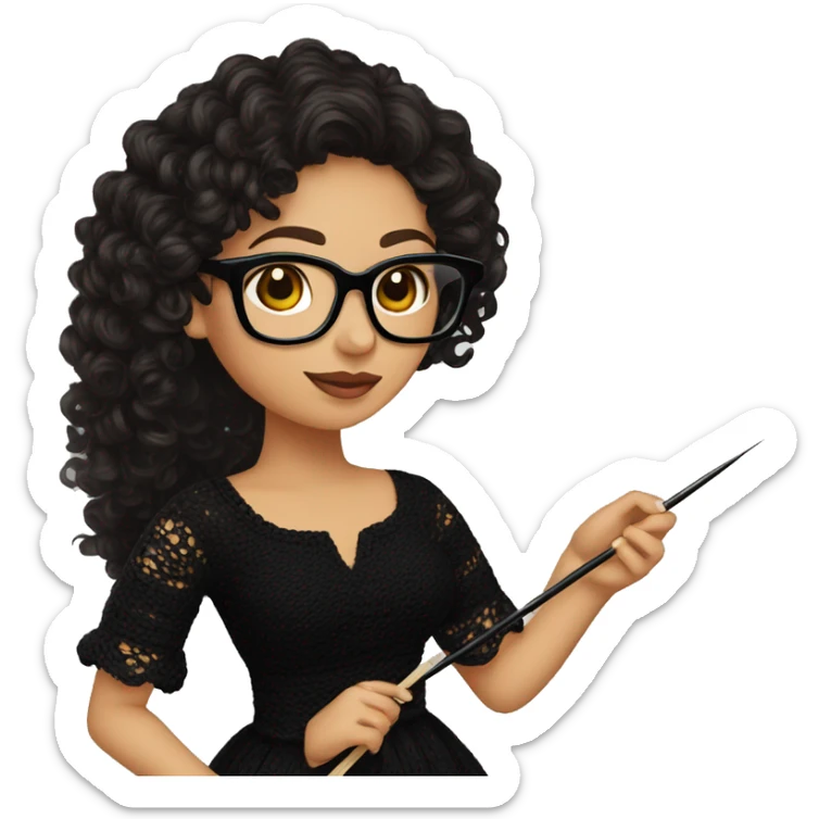 Hispanic woman with black glasses long dark brown curly hair holding crochet needle with yarn wearing a black dress sticker