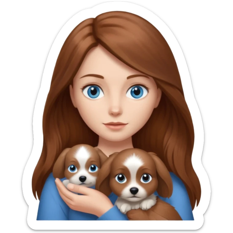 long hair chestnut color blue eyes woman holding small grey dog sticker
