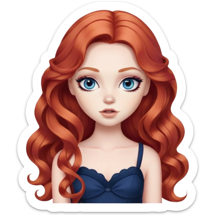  long wavy red hair, pale skin, dark blue eyes, pretty bratz baddie, black eyeliner, blush sticker