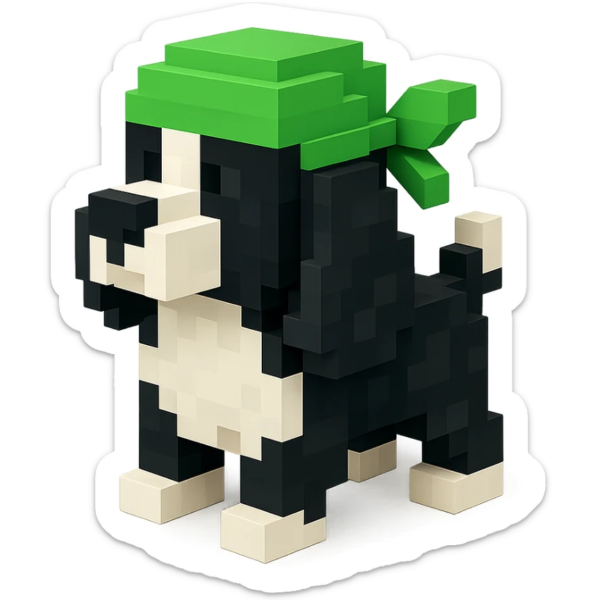 A black and white Russian Cocker Spaniel puppy wearing a green durag, voxel style, facing left sticker