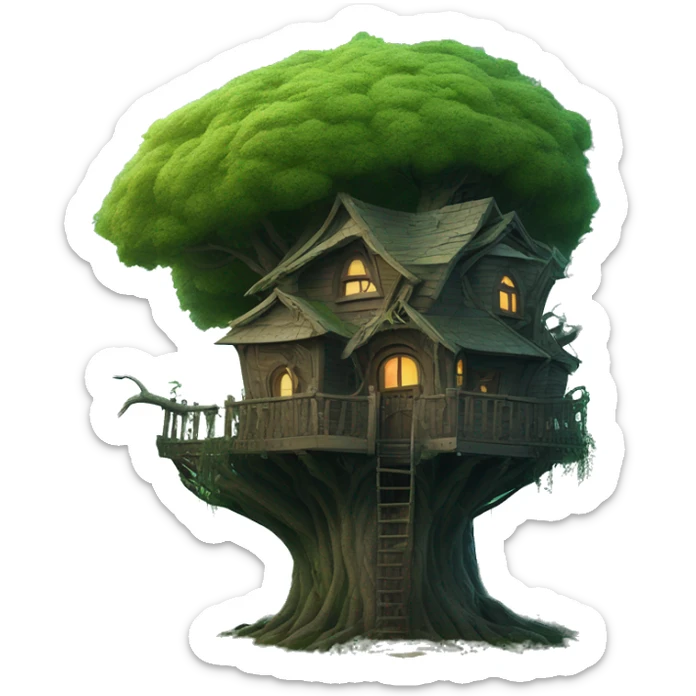 Fantasy haunted tree house in an overgrown cottage with a futuristic twist  sticker
