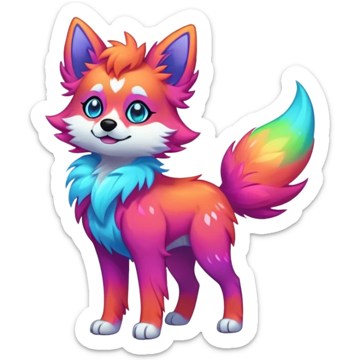 Vibrant multicolored neon-colored Falvie-Fionbri-creature-sparkle-dog-fursona, full body sticker