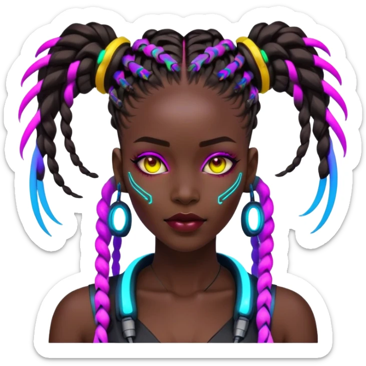 Cyberpunk African woman with futuristic braids, neon glowing accessories, tech implants, and vibrant colors sticker