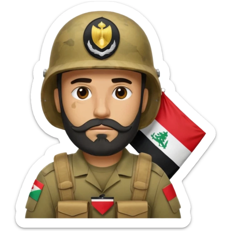 A tired, swarthy Iraqi soldier with a beard, an Iraqi flag on his helmet, a sad expression and bags under his eyes sticker