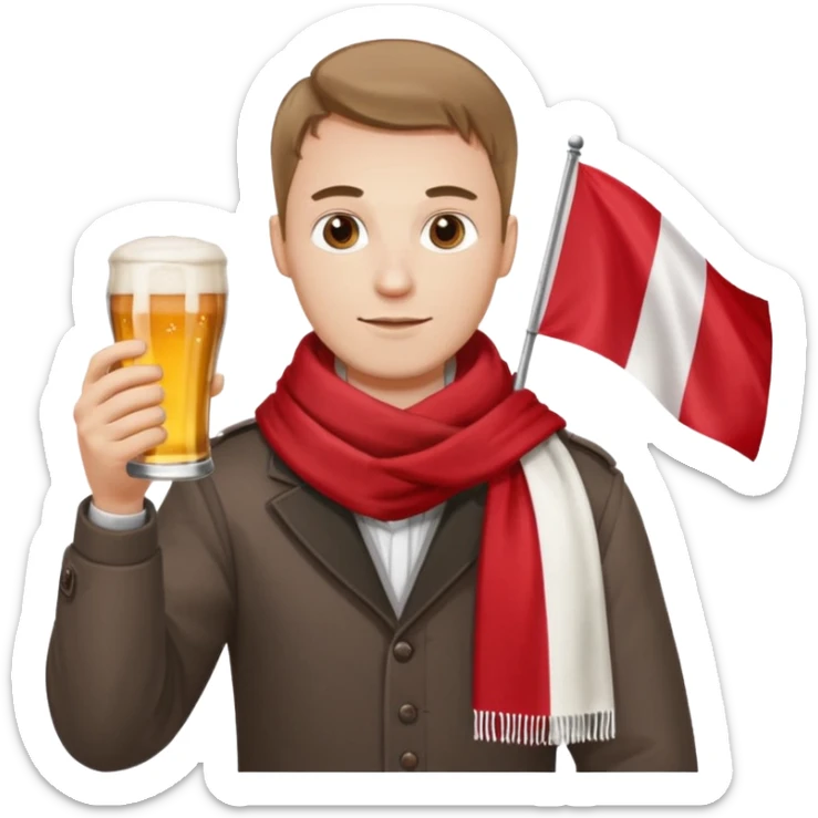 A man wearing a red and white scarf holding a Polish flag in one hand and a beer in the other sticker