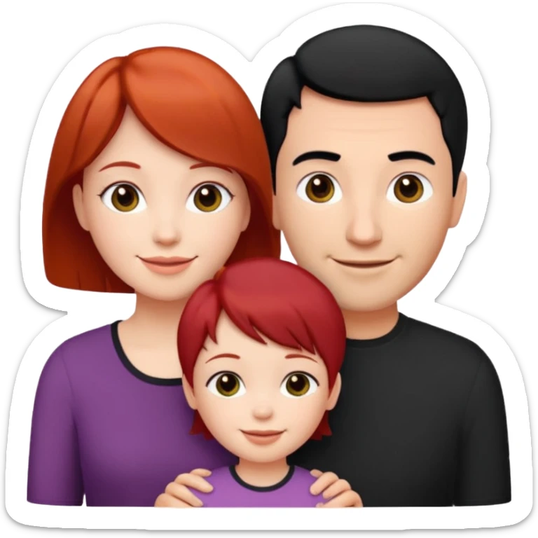 a family of three, all three white: the mother with short red hair, the father with black hair, and the daughter with black hair girl sticker