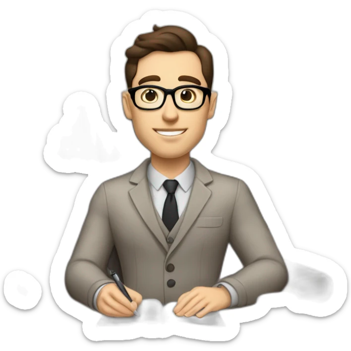 Pale skinned Fit Man With dark brown hair in gray jacket, beige office shirt, Brown pants and vintage glasses sitting In a soft chair with a notebook with emblem Ψ and a pen in his hands sticker