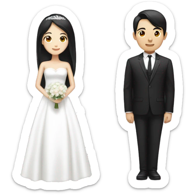 Please draw an east-asian woman with black long hair in white wedding dress on the left side and a east-asian man with black short hair in black wedding suit. sticker