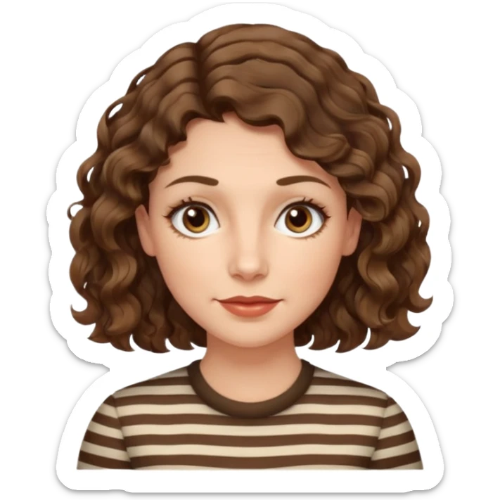 fair-skinned caucasian woman, 40s, chin-length wavy/curly/unruly brown-ish hair with a few white stripes, hazel eyes sticker