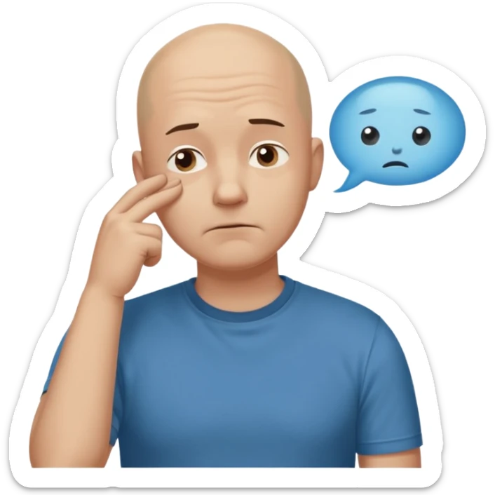 bald man with t-shirt, doubting face but not sad, hand on chin looking up, thought bubble sticker
