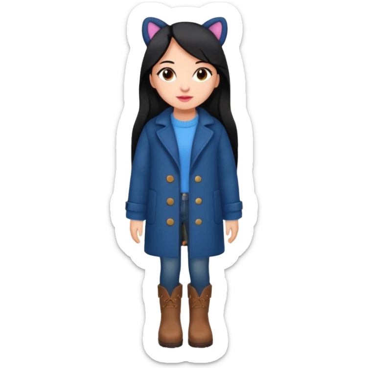 Gordita, ojos pequeños de color cafe oscuro, labios pequeños y rosados, piel trigueña, orejas pequeñas, cabello largo lazio y negro, pequeña. cuerpo completo. vestida con saco de lana jean color azul y botas color café. No le pongas orejas sticker