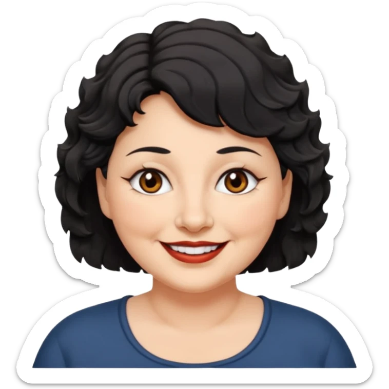 woman 60, brown eyes, very short black wavy wolf cut hair, chubby smile no lipstick sticker