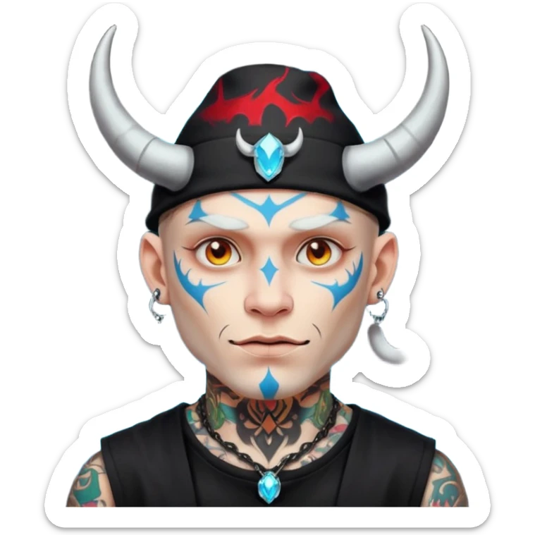 white skin Rock-style man — piercings, glowing tattoos on face, black hat with horns sticker
