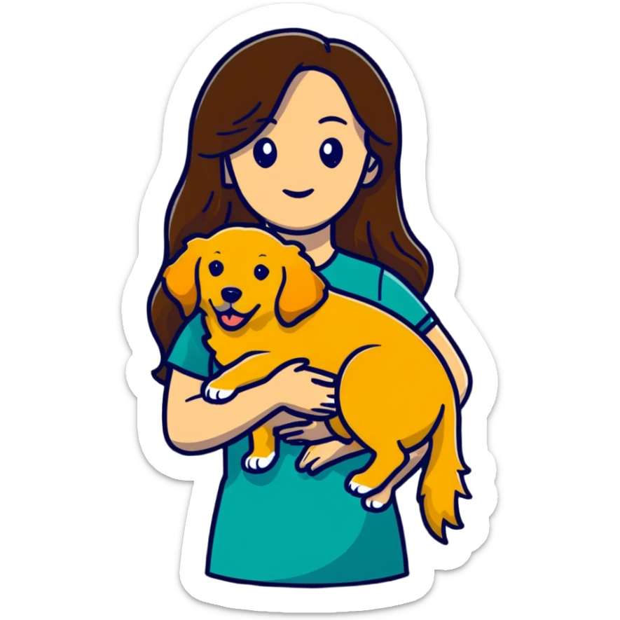 woman with long brown hair holding a golden retriever dog in her arms sticker