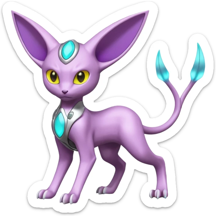 Mechanical Miraidon-Espeon-Mewtwo-Fakémon-hybrid-creature (full body)  with yellow eyes and cyan markings sticker