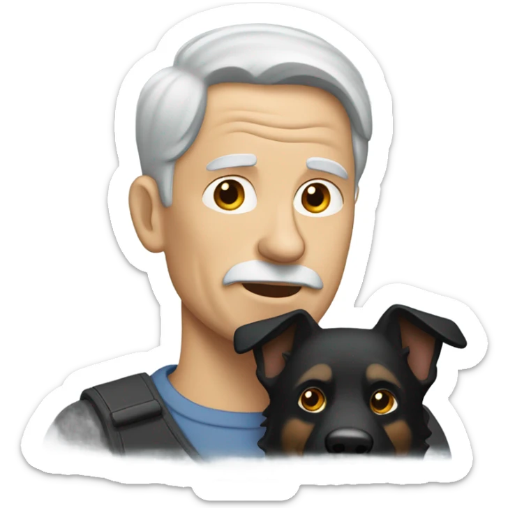 Old man with little brown hair carrying a black German shepherd dog sticker