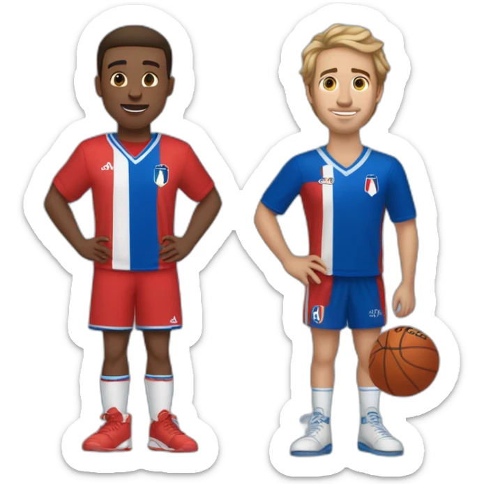 Two friends, a really tall one with short hair wearing a french blue jersey, and a shorter friend wearing a red moroccan jersey who got straight medium long hair sticker