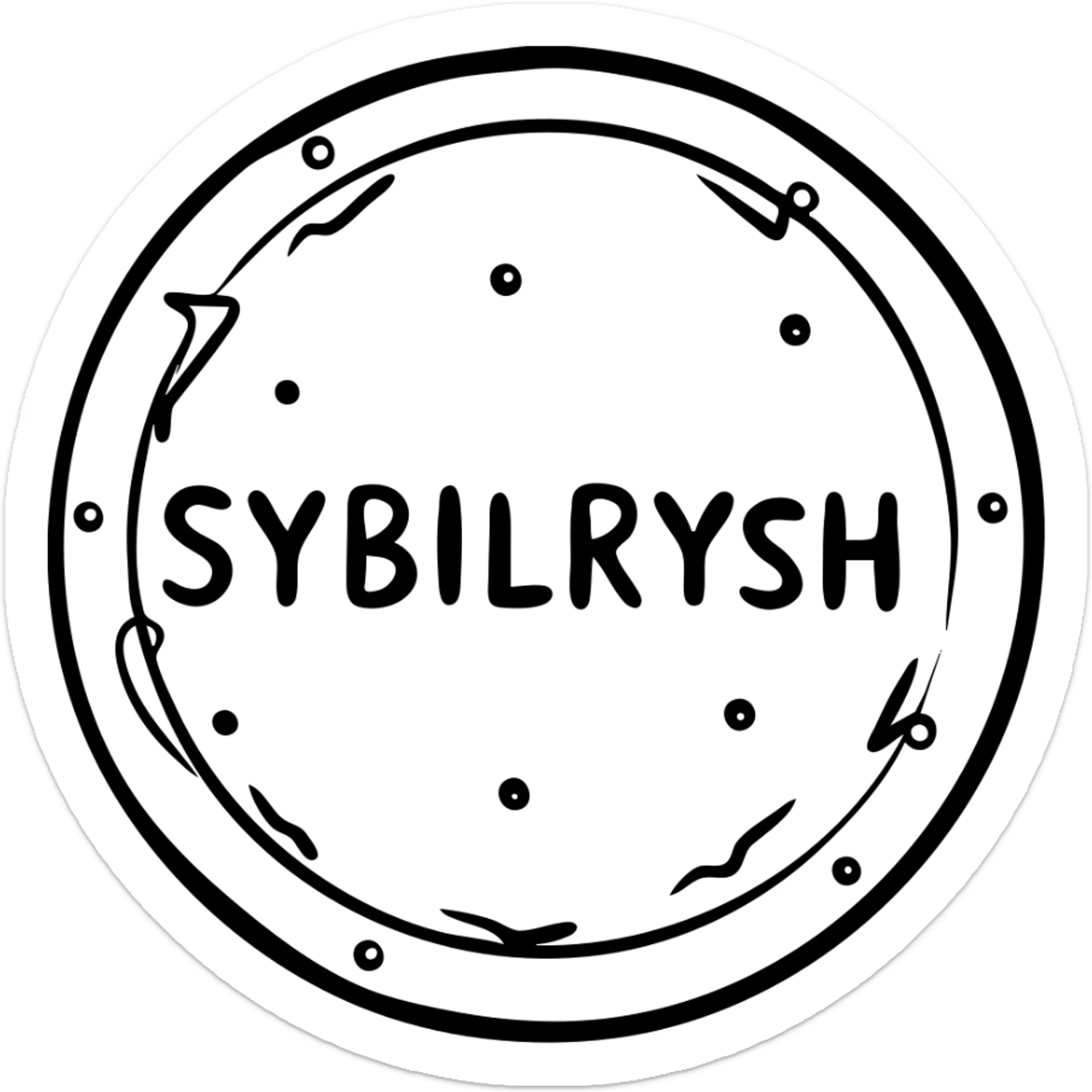 A circular coin with the text "SYBILRYSH" inscribed in the center. The coin has a rim and simple coin detailing. sticker
