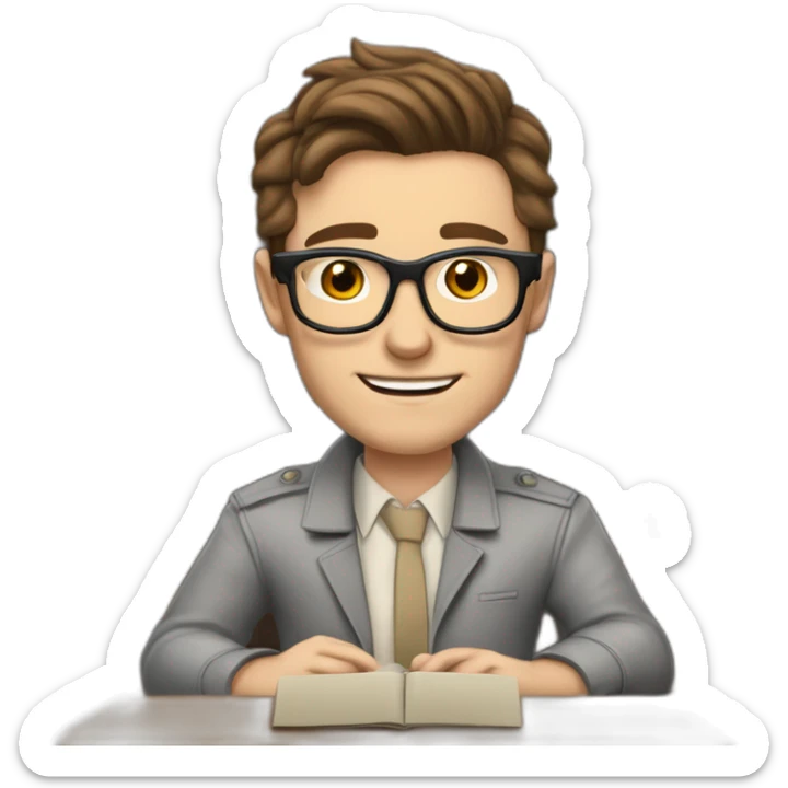 Pale skinned Fit Man With dark brown hair in gray jacket, beige office shirt, Brown pants and vintage glasses In the joke cap sitting In a soft chair with a notebook and a pen  sticker