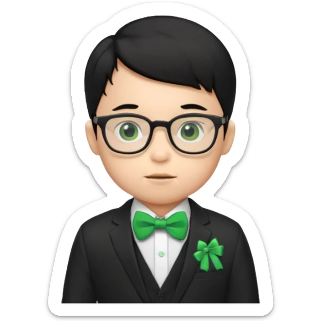 baby boy black hair in suit, with green bow, wearing glasses sticker