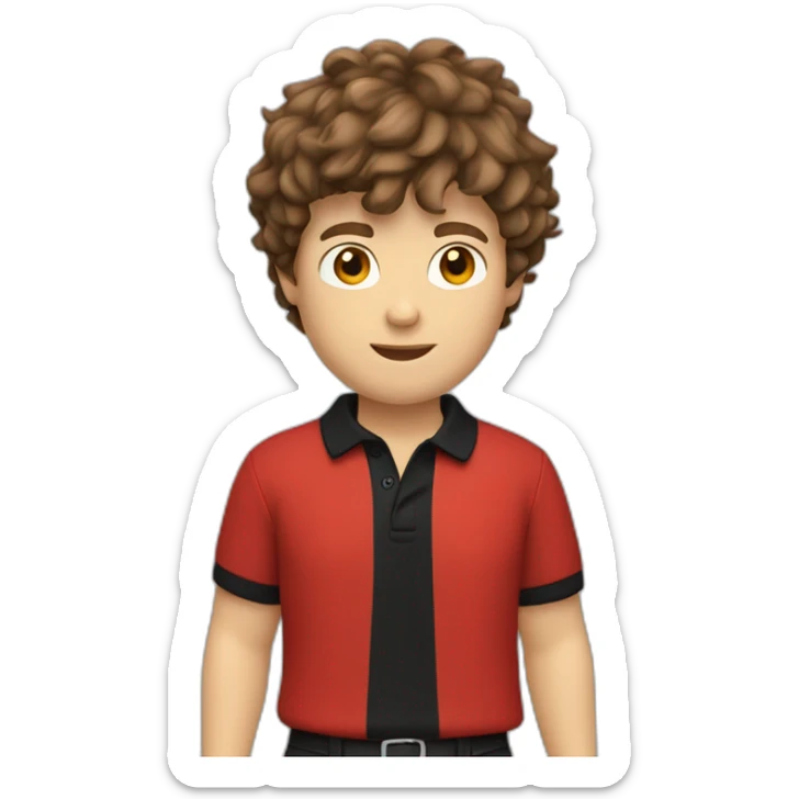 Caucasian-boy-child-shaggy-brown-hair-red-polo-shirt-black-trousers sticker