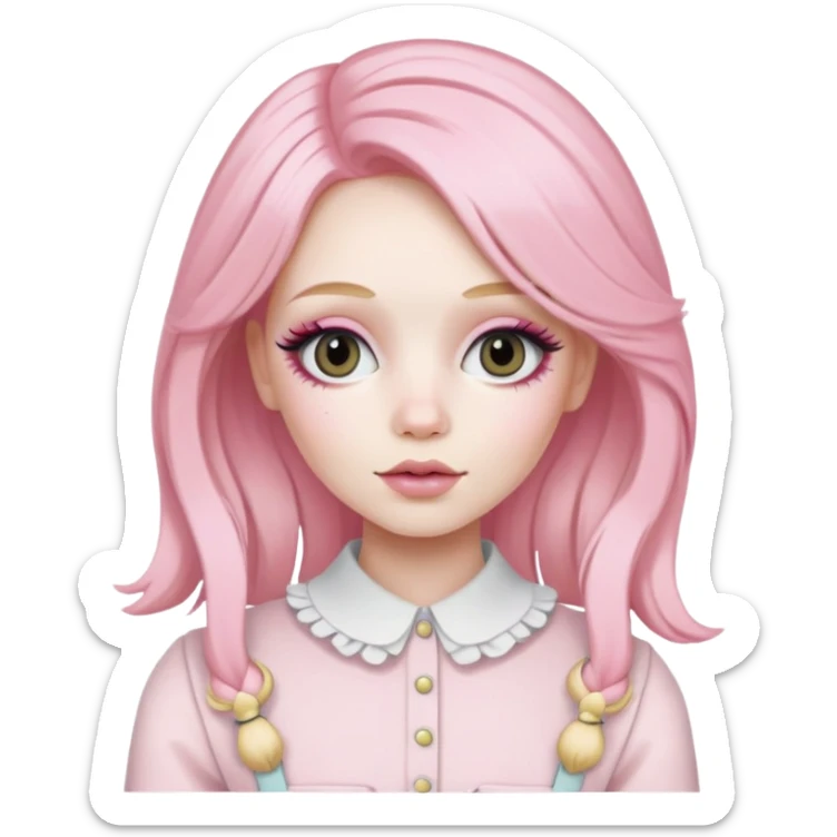 Blonde woman with pastel pink hair, pale skin, doll-like appearance, ThatPoppy music artist sticker