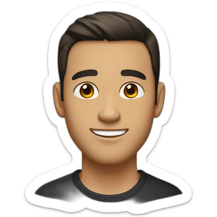 man with short dark brown hair on forehead with brown eyes smiling black shirt light skin sticker
