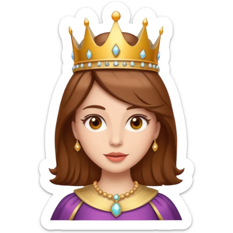 vull un perosnatge estil bimoji que sigui una figura radiante y serena. Se la describe como hermosa y deseable. Cabello castaño y labios carnosos y de un color meocoton, ojos color miel y una vestimenta digna de la realeza, sin olvidar su corona sticker