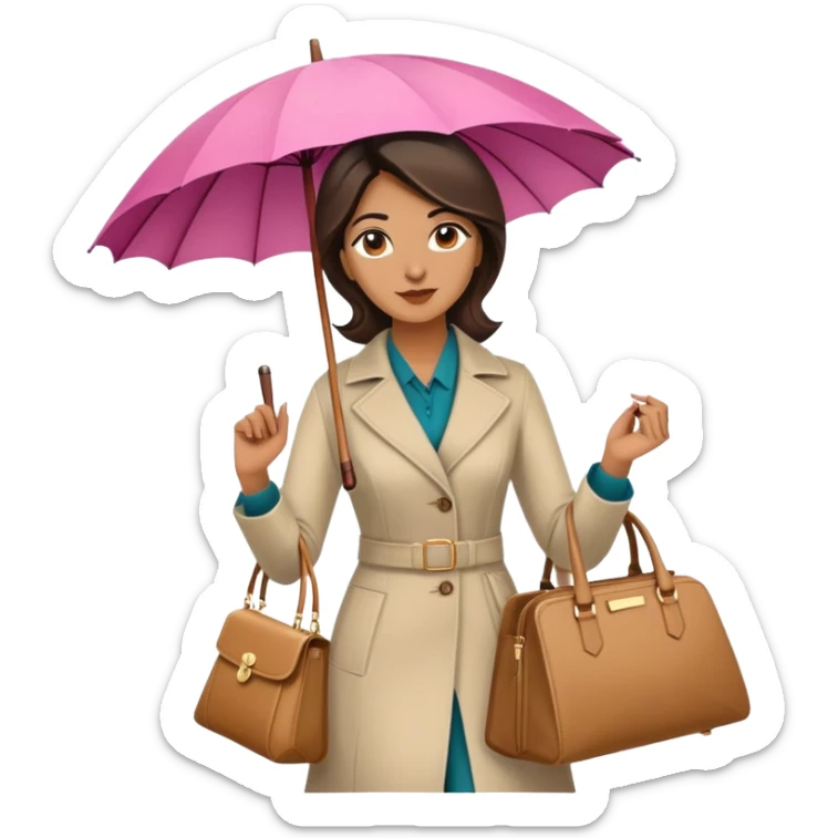 A 37 year old Pakistani woman holding a parasol. She also has a handbag and is walking down a street in a stylish manner. sticker