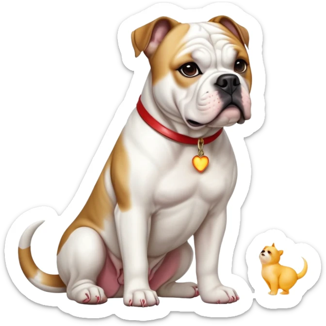 cinematic-[american bulldog]-realistic-full-body-sitting-emoji,-tail-resting-loosely-beside-its-paws,-head-tilted-dramatically,-sleek-[white]-fur,-simplified-yet-realistic-focused-features,-highly-detailed,-glowing-with-an-almost-sarcastic-glow sticker