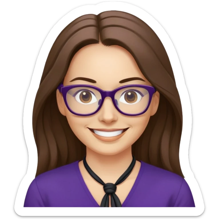 nữ 40 tuổi, da trắng, tóc dài được buộc gọn gàng màu nâu, mặt cười tươi vui vẻ, đeo kính màu đen, áo tím đậm sticker